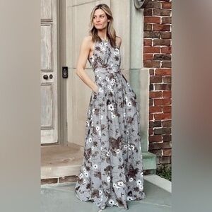 PEARL BY LELA ROSE Size 0 • Black White Check Floral Belted Long Dress.